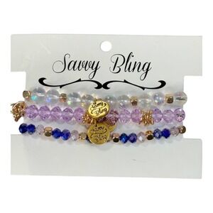 Savvy Bling Beaded Stretch Bracelet Set Womens OS Blue Purple Gold Stackable NEW